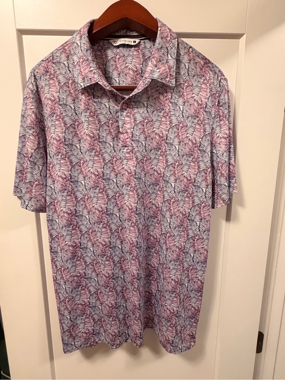 7 Diamonds Pink and Light Blue Leaf-Print Short Sleeve Polo